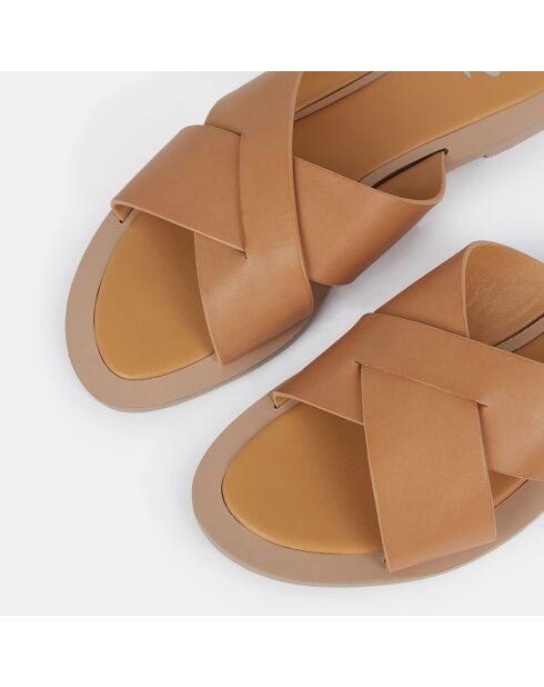 Dunkelbeige Lederpantoletten mit gekreuzten Riemen