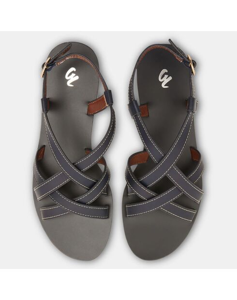 Sandales en Cuir brides coutures bleu marine