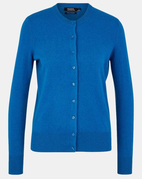 Cardigan 100% Cachemire Zacao col rond bleu méditerranée