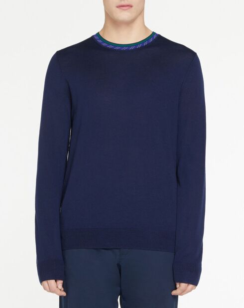 Pull en Laine Mérinos mélangée col contraste corde bleu marine