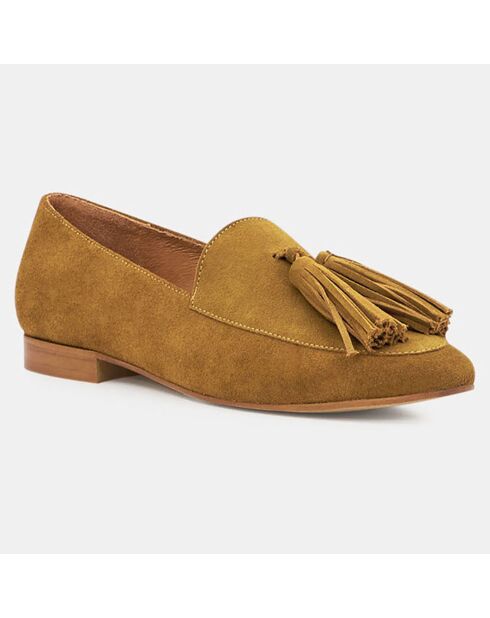 Mocassins en Velours de Cuir Pampilles camel