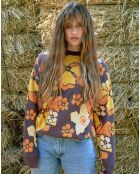 Pull Sendero fleuri chocolat/jaune