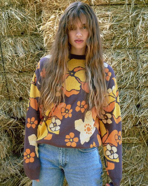 Pull Sendero fleuri chocolat/jaune