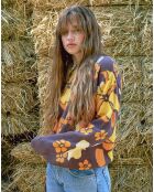 Pull Sendero fleuri chocolat/jaune