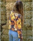 Pull Sendero fleuri chocolat/jaune