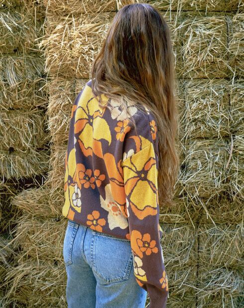 Pull Sendero fleuri chocolat/jaune