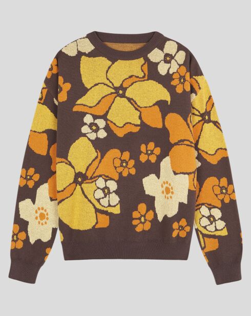 Pull Sendero fleuri chocolat/jaune