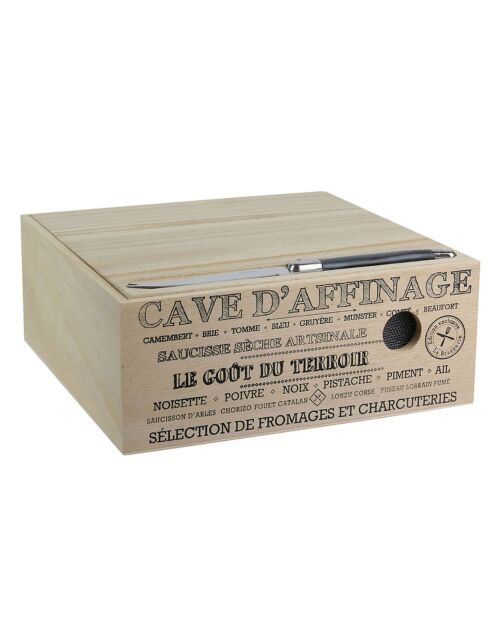 Cave à fromage bois avec couteau bois/noir - 25x25x10 cm