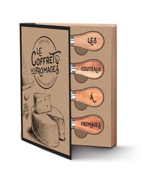Coffret 4 couteaux et planche marron - 14x14 cm