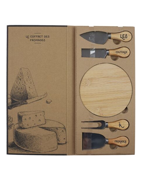 Coffret 4 couteaux et planche marron - 14x14 cm