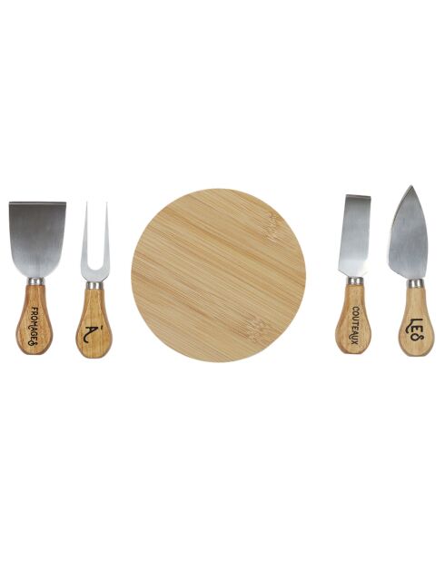 Coffret 4 couteaux et planche marron - 14x14 cm