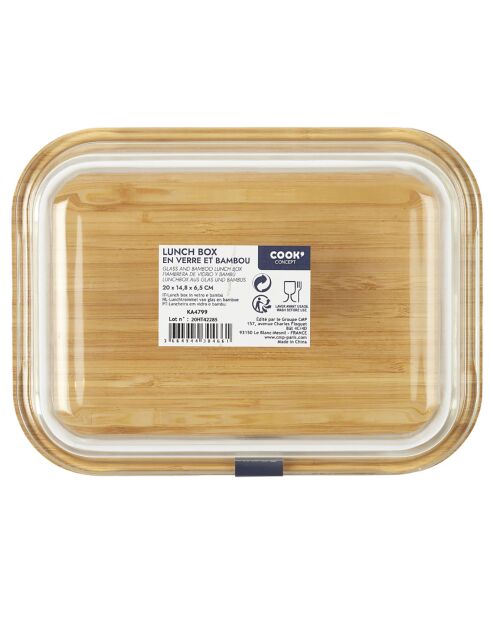 Lunchbox aus transparentem Glas und Bambus, 20 x 14,8 x 6,5 cm