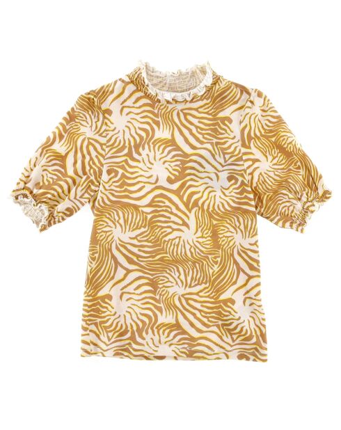 Hellbeiges T-Shirt mit Allover-Print und Stehkragen