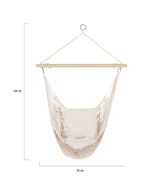Hamac suspendu macrame + coussin beige bois/beige - 90x120 cm