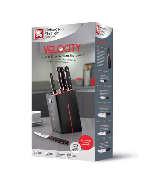 Bloc de couteaux avec aiguiseur velocity noir/rouge - 5 pièces