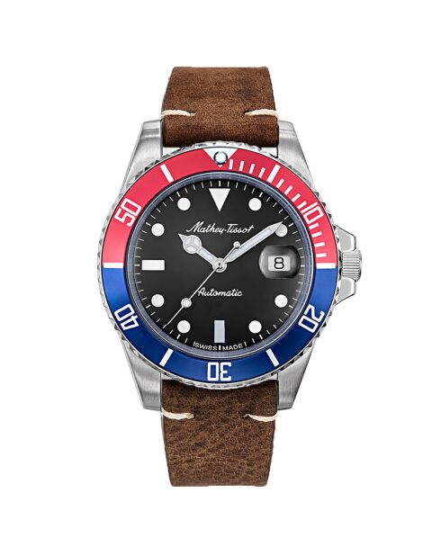 Mathy Vintage Auto Braune automatische Lederarmbanduhr für Herren