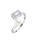 Rechthoekige verstelbare ring in zilver, zirkonia en zoetwaterparel met natuurlijke witte knop