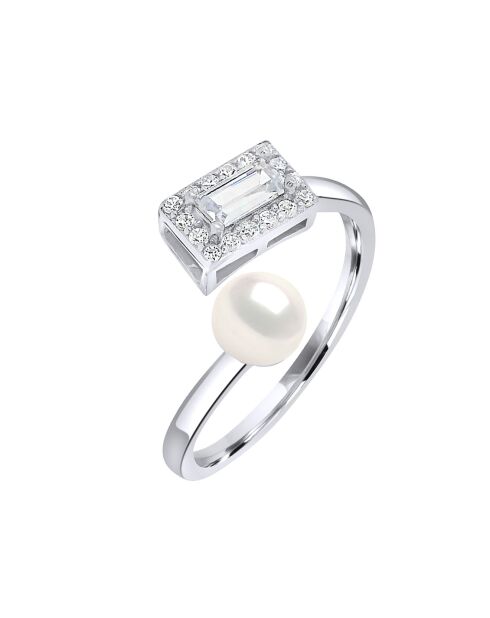 Rechthoekige verstelbare ring in zilver, zirkonia en zoetwaterparel met natuurlijke witte knop