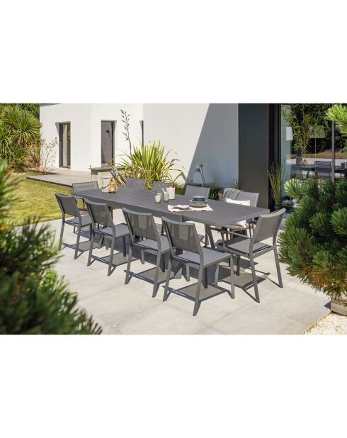 Gartenset Stockholm-TB300-ALU ausziehbarer Tisch + 8 Stockholm-CH-Stühle und 2 stapelbare Stockholm-FT-Sessel in Anthrazitgrau