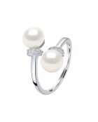 Bague ajustable Toi & Moi en Argent, Zircone & Perles d'Eau Douce boutons blanc naturel