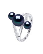 Trilogy verstelbare ring in gerhodineerd zilver, zirkonia en zoetwaterparels, zwarte tahiti-knopen