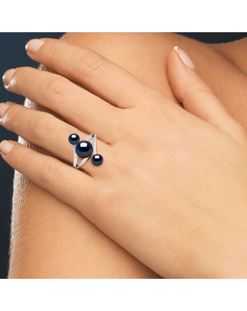 Trilogy verstelbare ring in gerhodineerd zilver, zirkonia en zoetwaterparels, zwarte tahiti-knopen