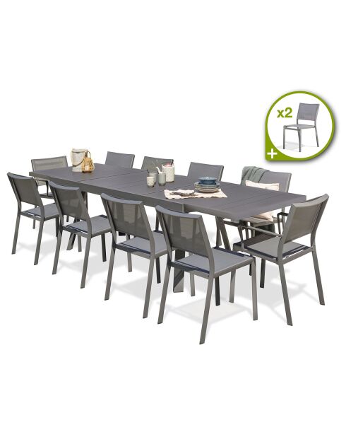 Gartenset Stockholm-TB300-ALU ausziehbarer Tisch + 10 Stockholm-CH-Stühle und 2 stapelbare Stockholm-FT-Sessel in Anthrazitgrau