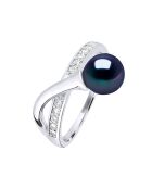 Bague ajustable en Argent, Zircone & Perle d'Eau Douce ronde black tahiti