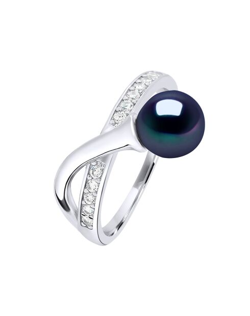Bague ajustable en Argent, Zircone & Perle d'Eau Douce ronde black tahiti