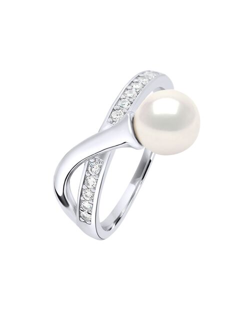 Verstellbarer Ring aus Rhodiumsilber, Zirkonia und natürlicher weißer runder Süßwasserperle
