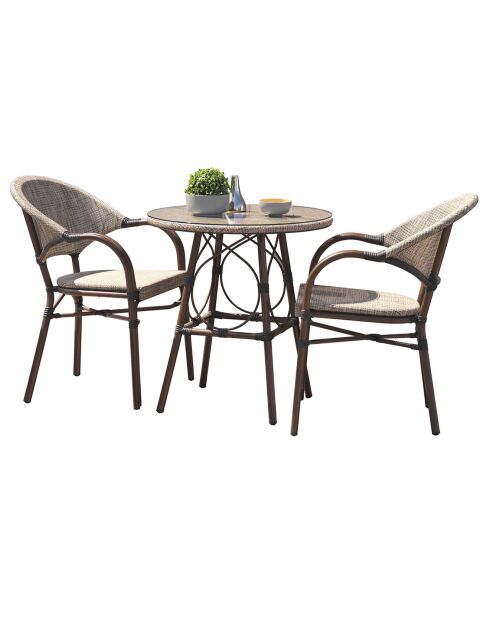 Set de jardín ushuaia-tb70 mesa redonda y 2 sillones marrones apilables de 2 pies ushuaia-ft, 70 x 74 cm de diámetro