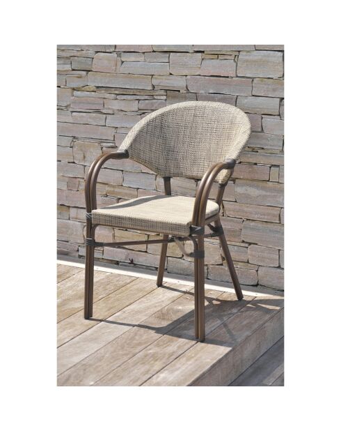 Set de jardín ushuaia-tb70 mesa redonda y 2 sillones marrones apilables de 2 pies ushuaia-ft, 70 x 74 cm de diámetro