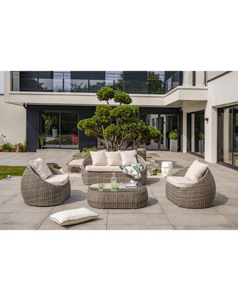 Mueble de jardín Isa de 5 plazas en resina tejida semicircular gris lujoso