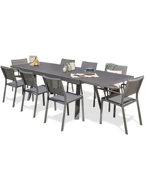 Gartenset Stockholm-TB300-ALU ausziehbarer Tisch + 6 Stockholm-CH-Stühle und 2 stapelbare Stockholm-FT-Sessel in Anthrazitgrau