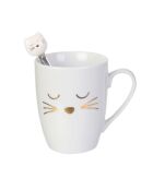 Mug avec cuillère chat en Porcelaine blanc/doré - 11.5x8.2x10 cm
