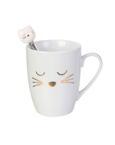 Mug avec cuillère chat en Porcelaine blanc/doré - 11.5x8.2x10 cm