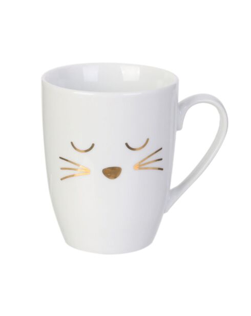 Mug avec cuillère chat en Porcelaine blanc/doré - 11.5x8.2x10 cm