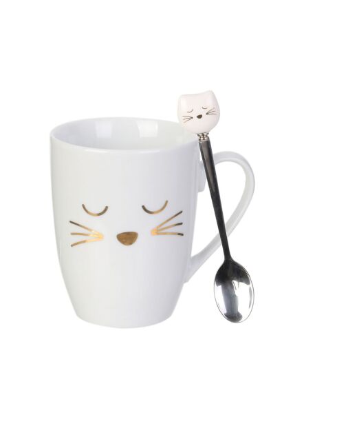 Mug avec cuillère chat en Porcelaine blanc/doré - 11.5x8.2x10 cm