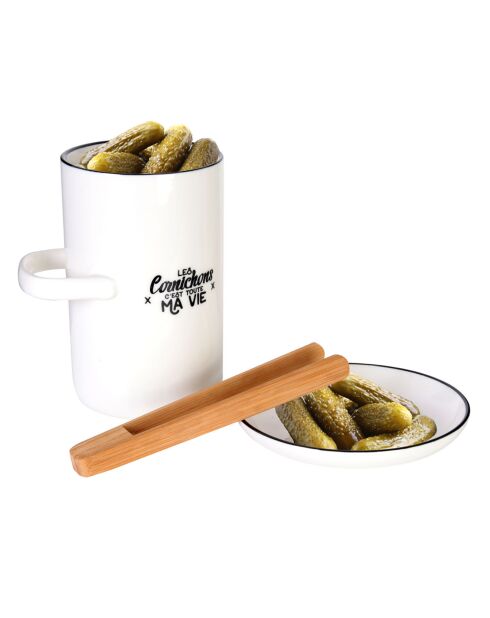 Tarro para pepinillos con platillo y pinza blanco/negro/bambú, 12,8 x 16 cm