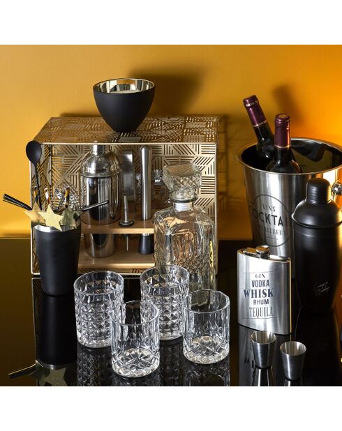 Bouteille whisky et 4 verres transparente - 9x9x24 cm