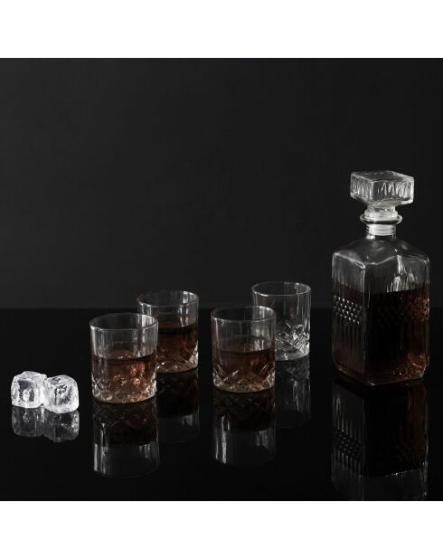 Bouteille whisky et 4 verres transparente - 9x9x24 cm