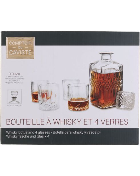 Bouteille whisky et 4 verres transparente - 9x9x24 cm