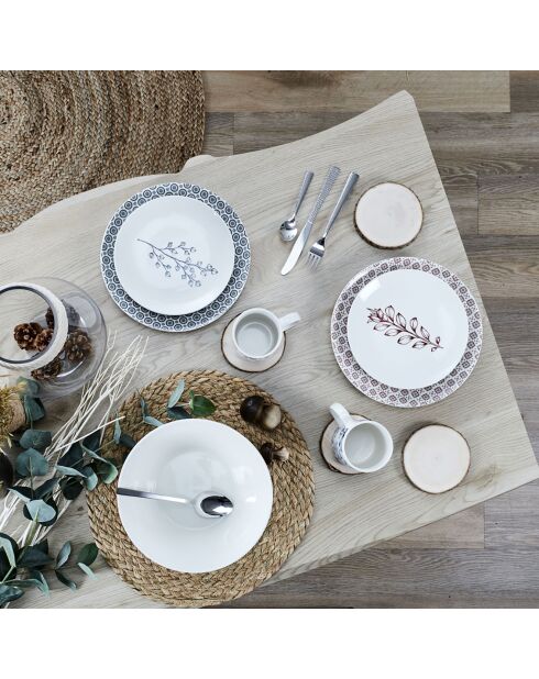 6 Assiettes Cottage en Porcelaine blanc/bordeaux - D.25 cm