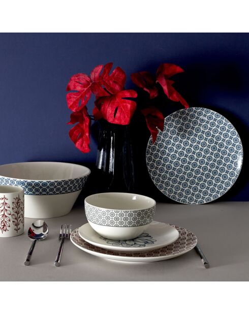 6 Assiettes Cottage en Porcelaine blanc/bordeaux - D.25 cm