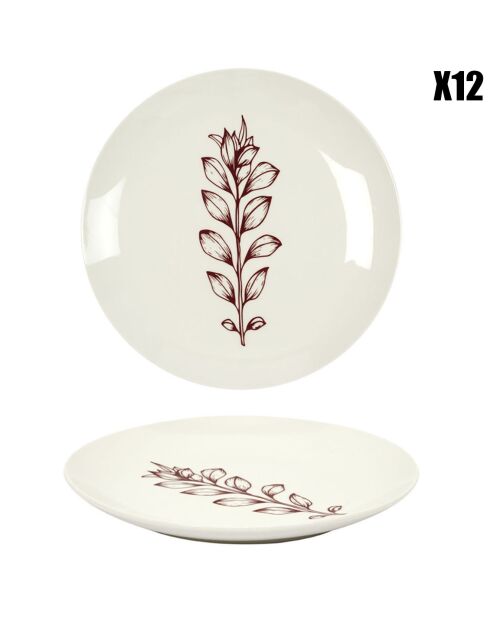 12 Assiettes Cottage en Porcelaine blanc/bordeaux - D.20 cm