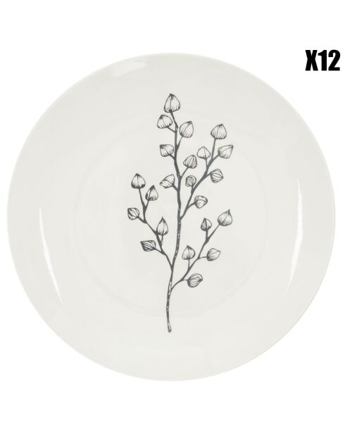 12 Assiettes Cottage en Porcelaine blanc/gris - D.20 cm