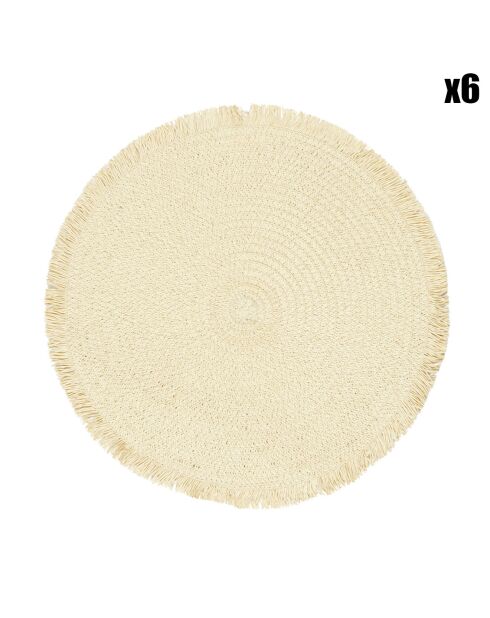 6 manteles individuales redondos con flecos de color beige, 38 cm de diámetro