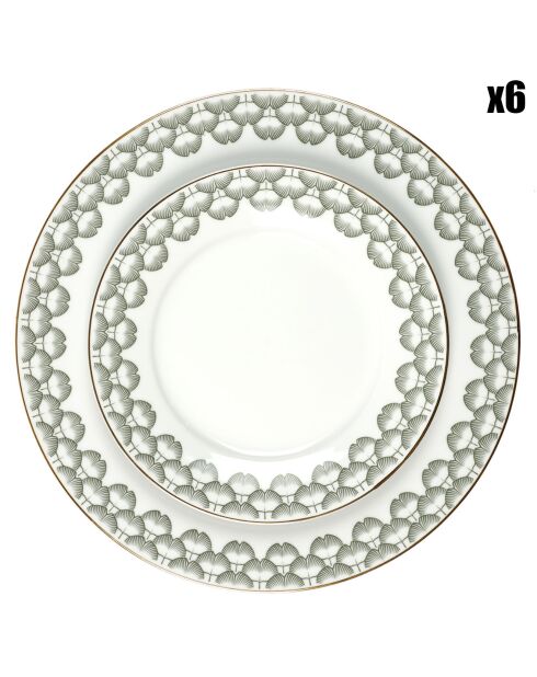 6 Assiettes en Porcelaine Ginko blanc/doré - D.19 cm