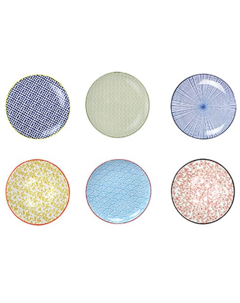 6 mehrfarbige Sabae-Dessertteller aus Porzellan, D.21 cm