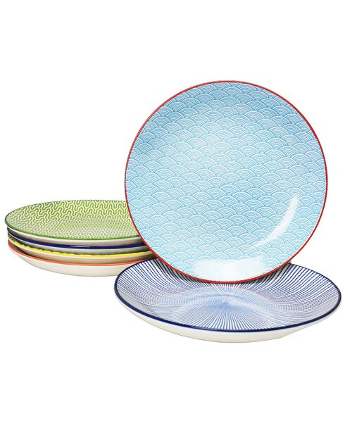 6 mehrfarbige Sabae-Dessertteller aus Porzellan, D.21 cm